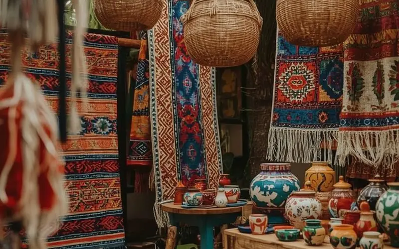 A market stall with hanging baskets, woven rugs and painted pots